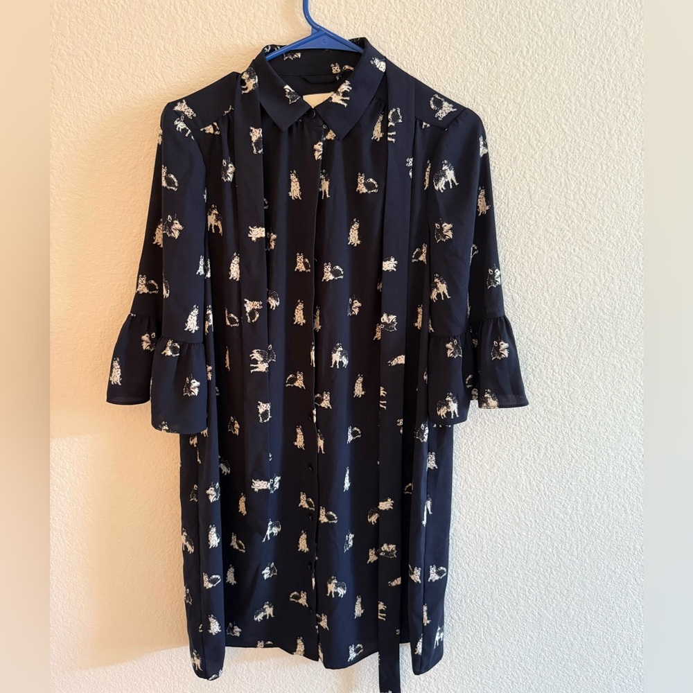 kate spade Navy Dress with White Dog Print and Ruffle Sleeves